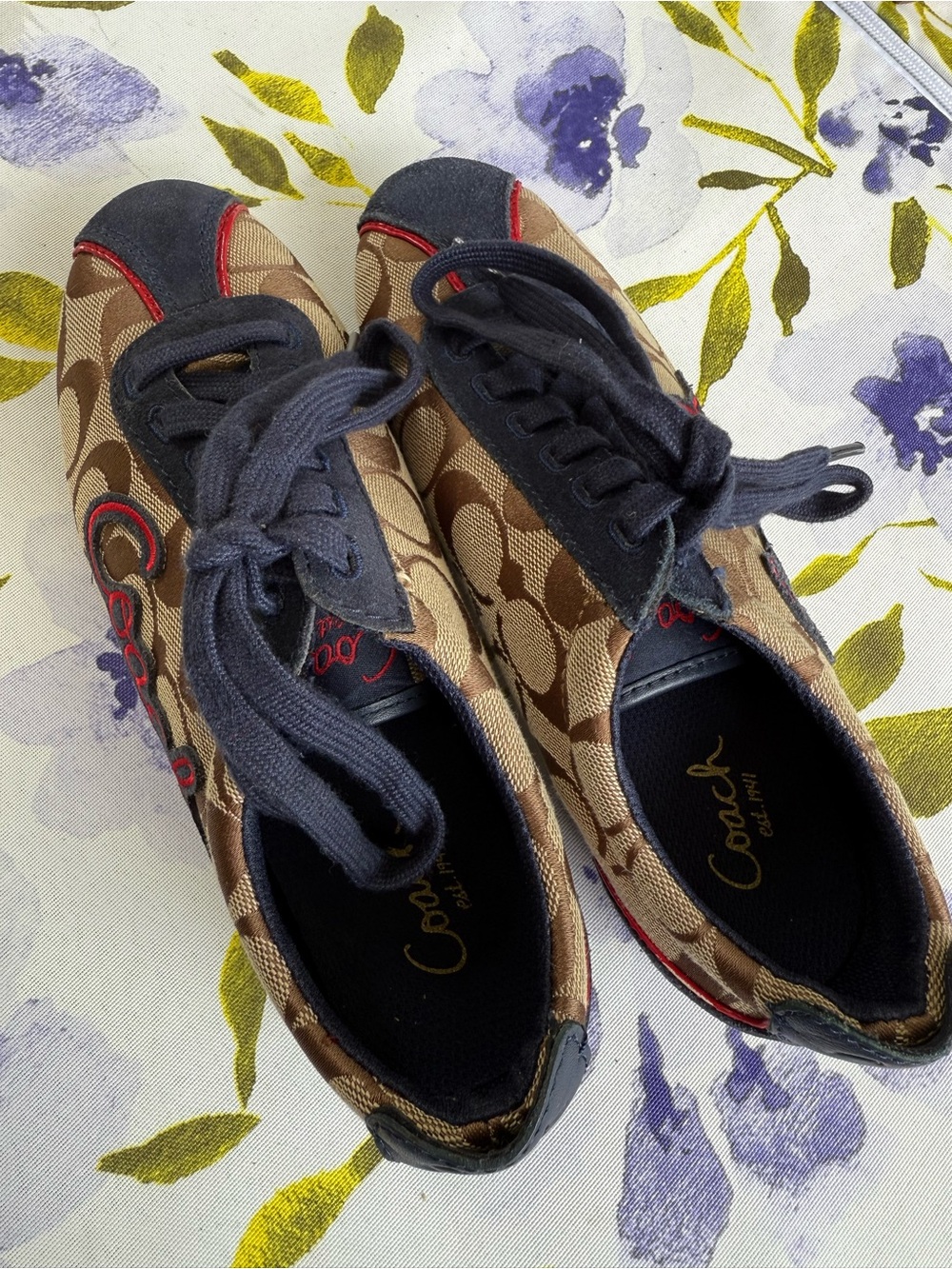 Coach Kids Tan Signature Canvas Sneakers with Navy and Red Accents